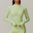 Lime green ribbed bodycon dress with zipper and long sleeves for trendy casual fashion