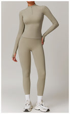 Beige long-sleeved athletic bodysuit and leggings for stylish outdoor running fashion