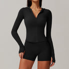 Black long-sleeved workout romper with v-neckline, a stylish piece for langry fashion