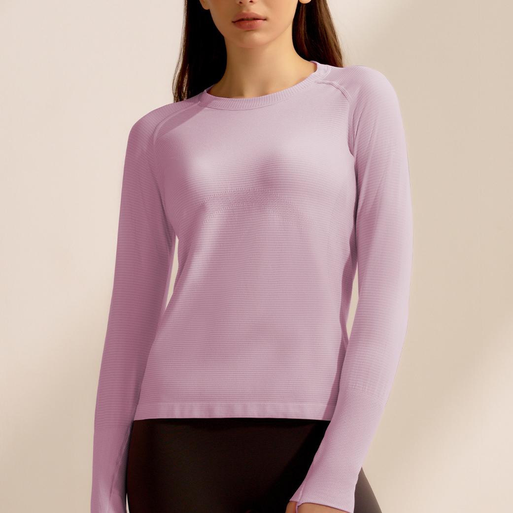 Pink long-sleeved ribbed knit sweater in Quick Drying Running Fitness Top for active fashion ملابس