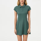 Green Breathable Short Tennis Dress with short sleeves and collared neckline for fashionable play