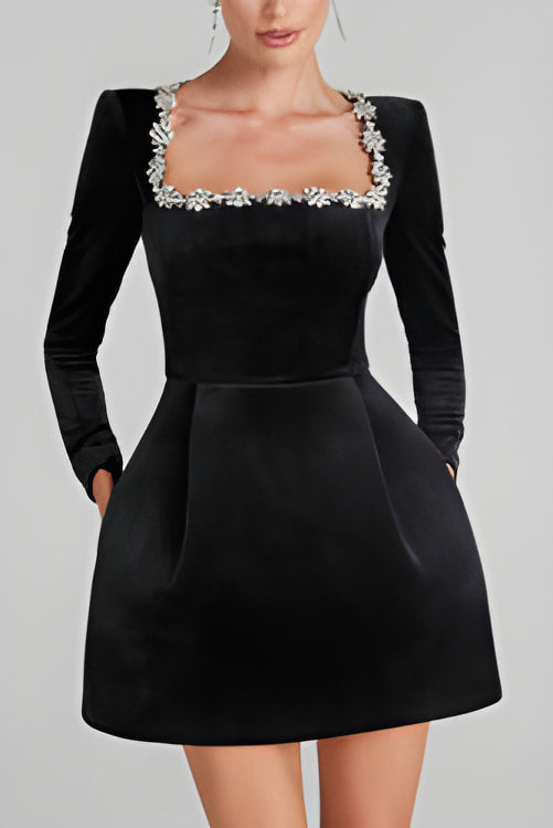 Elegant Black Velvet Mini Dress with Lace Trim and Puff Sleeves for Fashionable Looks