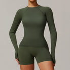 Olive green athletic set featuring a stylish long sleeve top for fashion-forward runners