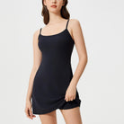 Black spaghetti-strap mini dress with ruffle hem for stylish comfort in fashion ملابس