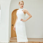 Elegant white halter dress featuring a tight sexy strappy bow design in midi length