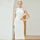 Elegant white halter dress featuring a tight sexy strappy design and a stylish bow midi