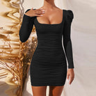 Black long-sleeved bodycon dress with ruched detailing and square neckline for elegant fashion