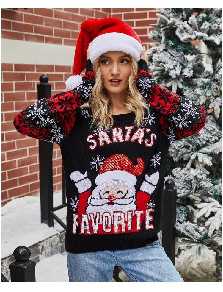 Santa Claus Embroidered Crew Neck Long Sleeve Pullover for Winter