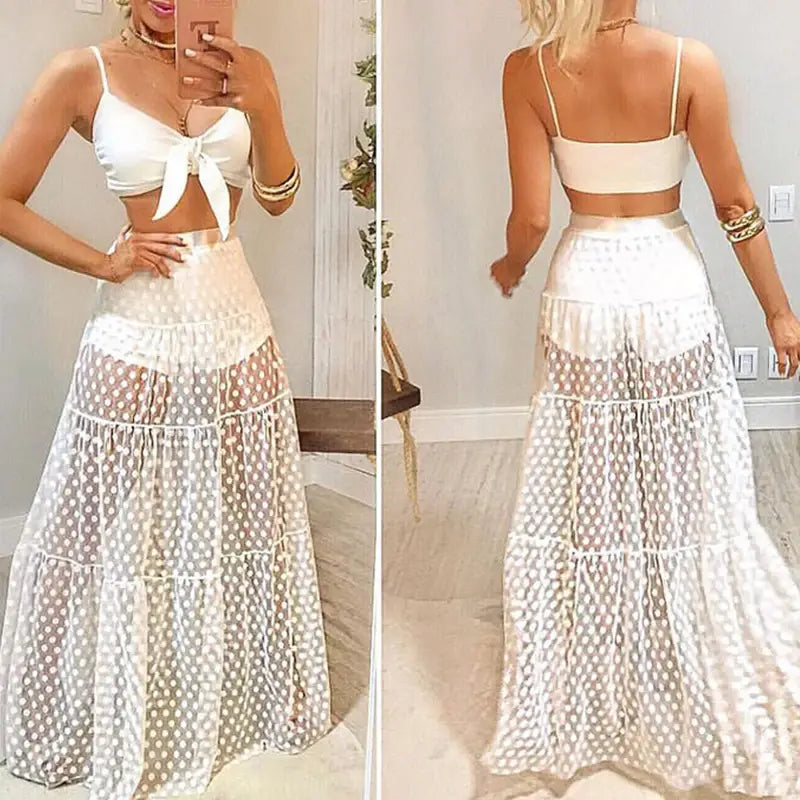 Elegant Polka Beach Maxi Skirt with Embroidered Sleeves