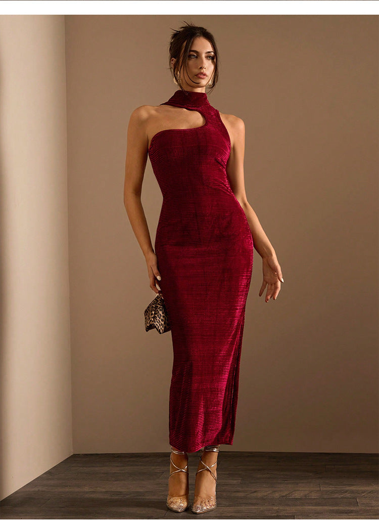 Burgundy velvet one-shoulder dress from Attractive Hollowed Sleeveless Dress collection