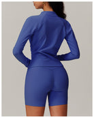 Royal blue langry workout set with long-sleeve top and fitted shorts for casual running fashion