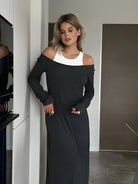 Black off-shoulder maxi dress layered over a white tank top in Attractive Two Piece Vest Dress