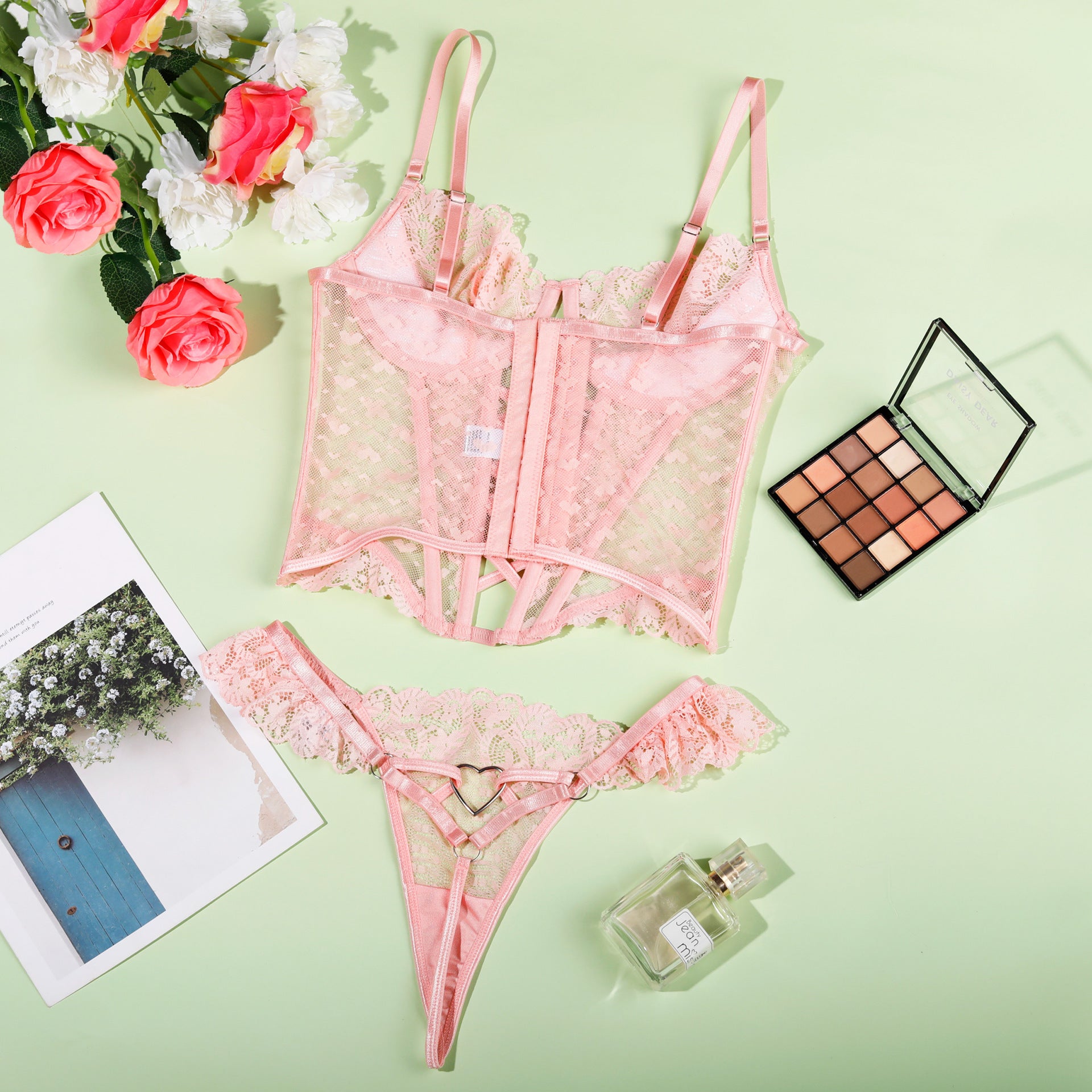 Pink lace corset and thong lingerie set for stunning fashion and ملابس choices