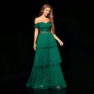 Emerald green off-the-shoulder tiered gown from Gorgeous Design Beautiful Mesh Dress fashion