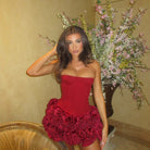 Red strapless mini dress with ruffled floral details in Elegant Boning Corset Set