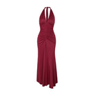 Burgundy halter evening gown with ruched bodice, a stunning choice in ملابس fashion