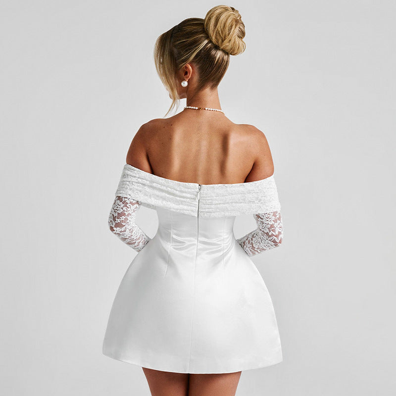 White off-shoulder mini dress with lace sleeves, showcasing elegant A line dress style