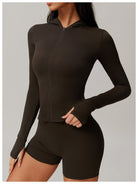 Dark brown long-sleeved athletic romper with zip front and fitted shorts for stylish ملابس