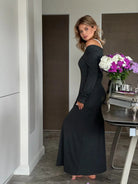 Long black off-shoulder dress with long sleeves in Attractive Two Piece Vest Dress fashion