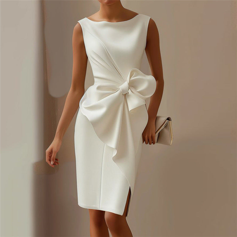 White sheath dress with oversized bow, ideal for elegant fashion and ملابس styles