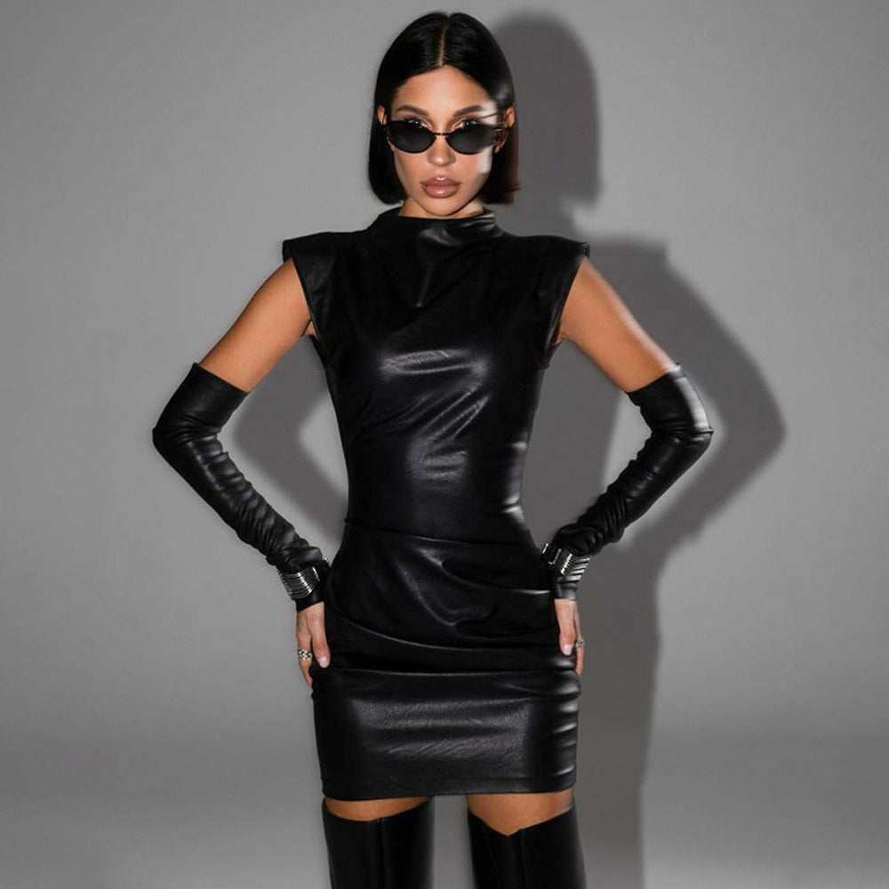 Sleek black faux leather dress with gloves for a stylish, fashionable look