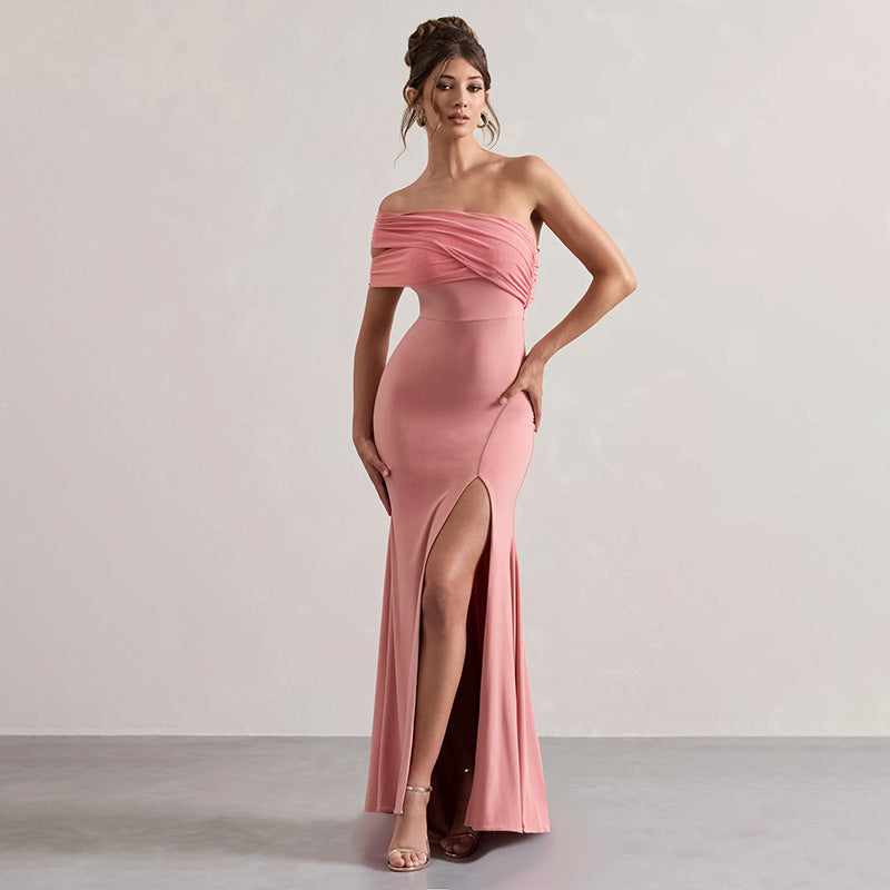 Off-the-shoulder pink split dress featuring mesh stitching and a thigh-high slit