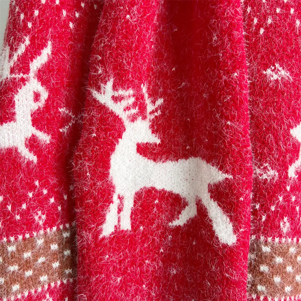 Deer Snowflake Jacquard Christmas Sweater with Red Ribbon Scarf Detail