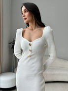 White ribbed knit dress with long sleeves and buttons, a stylish choice for Langry fashion