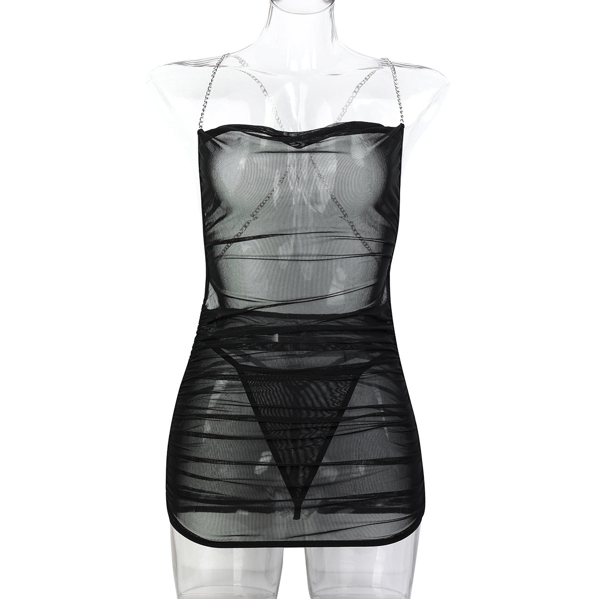 Sheer black mesh mini dress with stripes and spaghetti straps for stylish evening wear