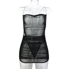 Sheer black mesh mini dress with stripes and spaghetti straps for stylish evening wear