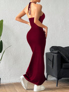 Burgundy halter maxi dress from Enchanting Slim Fit Maxi Dress collection, perfect for fashion enthusiasts