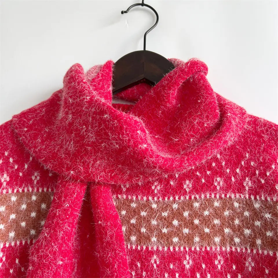 Deer Snowflake Jacquard Christmas Sweater with Red Ribbon Scarf Detail