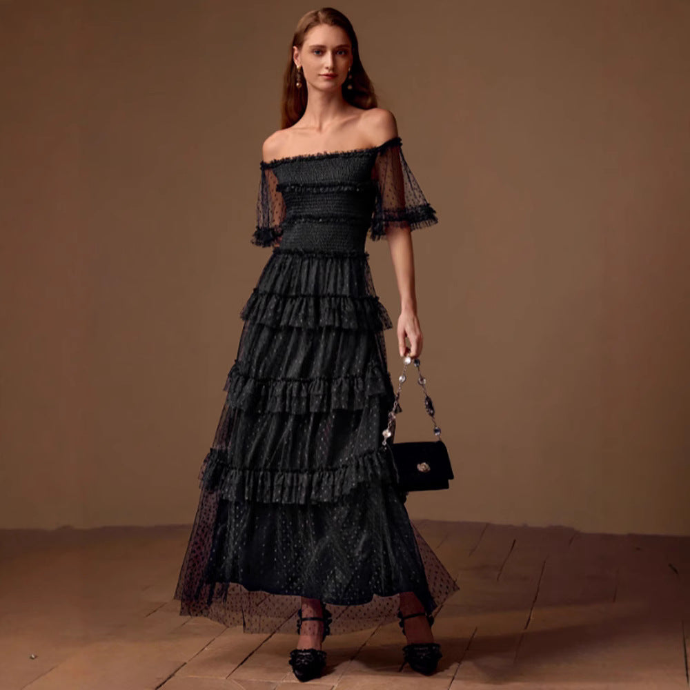 Elegant black off-shoulder tiered tulle evening gown for stylish fashion occasions