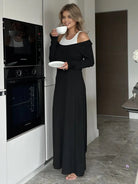 Long black off-shoulder maxi dress with white tank top, stylish langry fashion ملابس