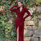 Burgundy wrap-style maxi dress with side slit for stylish langry fashion ملابس