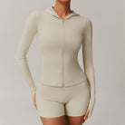 Cream-colored hooded workout romper named Comfy Slim Fit Soft Jacket for stylish fitness fashion