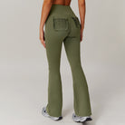 Olive green flared leggings with ruched pockets, perfect for casual sports fashion ملابس