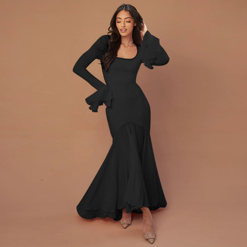 Elegant black mermaid dress showcasing the Socialite Elegant Slim Fit Ruffled Hem Dress in fashion