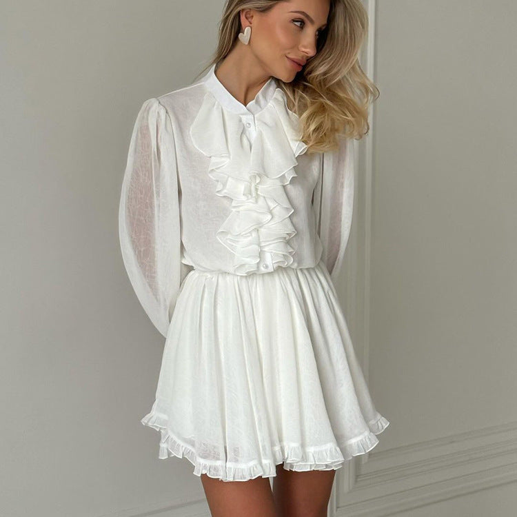 White ruffled mini dress from French Elegant Short Dress, perfect for trendy fashion ملابس