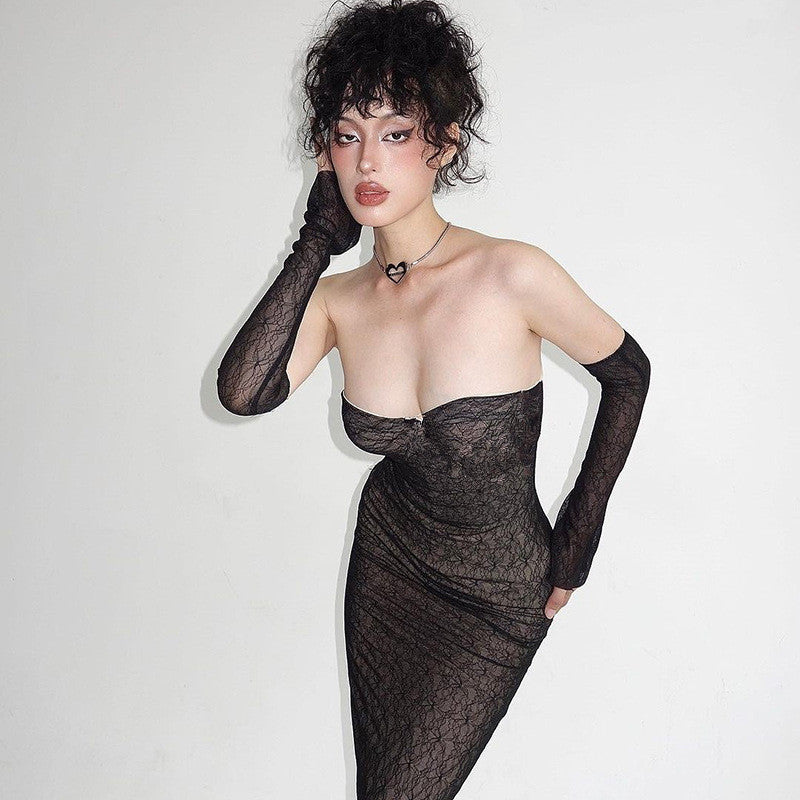 Stunning Pure Lace Dress featuring a strapless design and matching long gloves in black