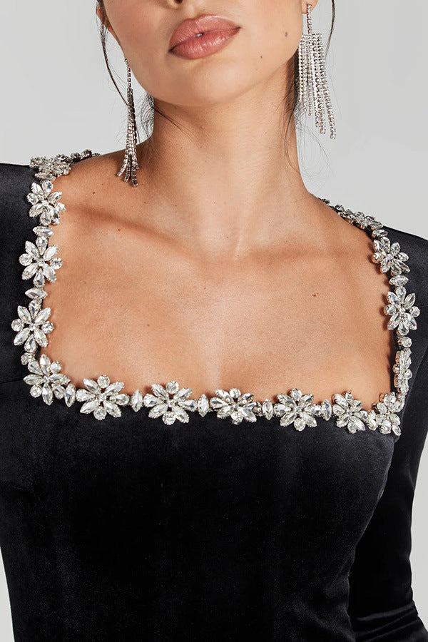 Elegant Black Dress with Crystal Flower Neckline and Chandelier Earrings for Fashion