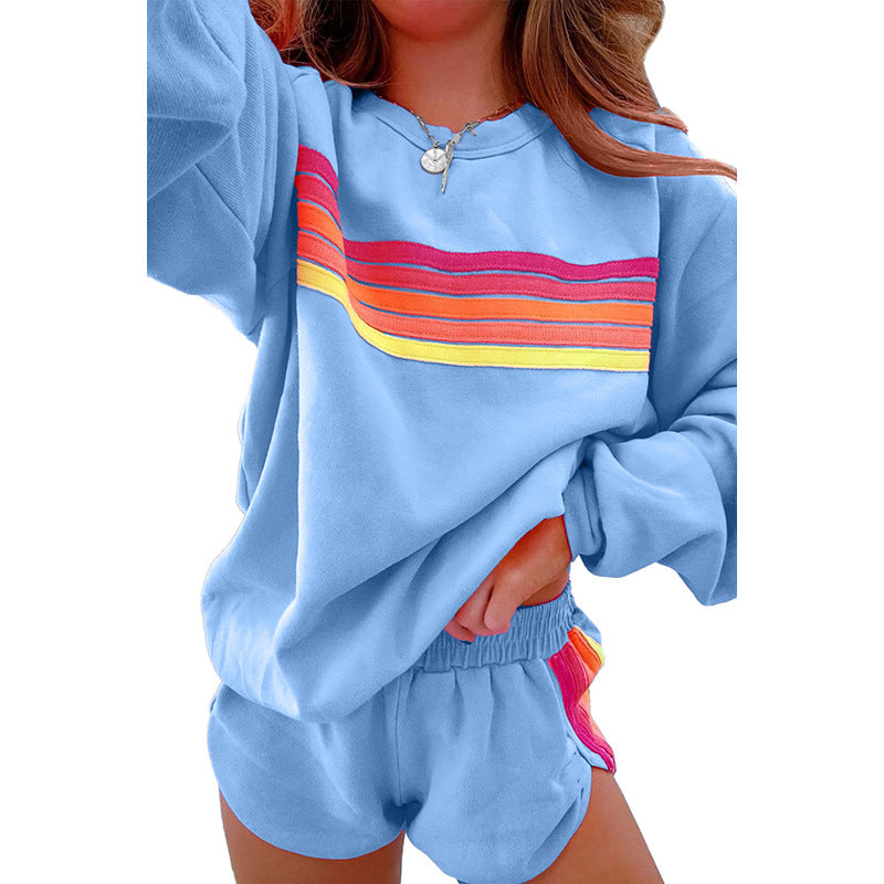 Light blue sweatsuit with rainbow stripes in Loose Slim Fit Casual Two Piece Sets