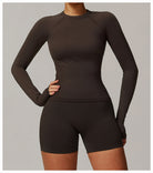 Dark brown athletic long sleeve top and shorts set for sport and fashion