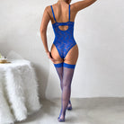 Royal blue lace bodysuit and thigh-high stockings from Enchantress Midnight Temptation