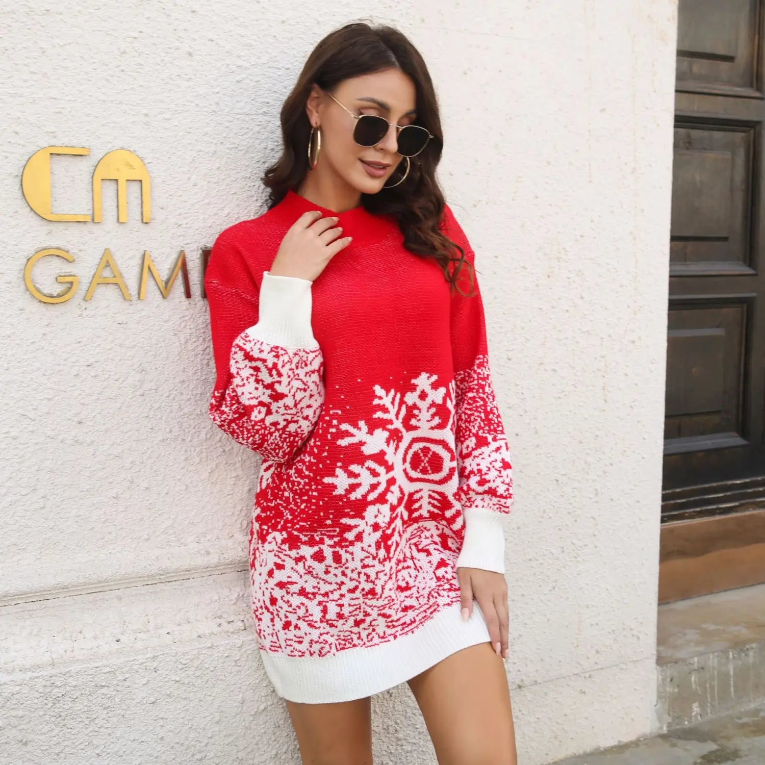 Elegant Woolen Snowflake Jacquard Lantern Sleeve Sweater Dress