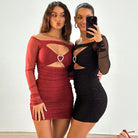 Two sparkly bodycon dresses in red and black with cutout details and heart hardware, fashion ملابس