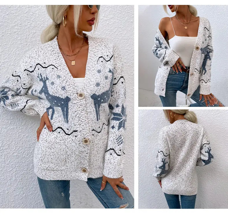 Christmas Deer Cardigan Sweater in 100% Polyester Fiber