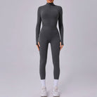 Gray athletic jumpsuit from Comfy Mesh Stitching Fitness One Piece, ideal for langry fashion