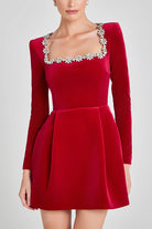 Red velvet mini dress with crystal neckline, elegant fashion for special occasions