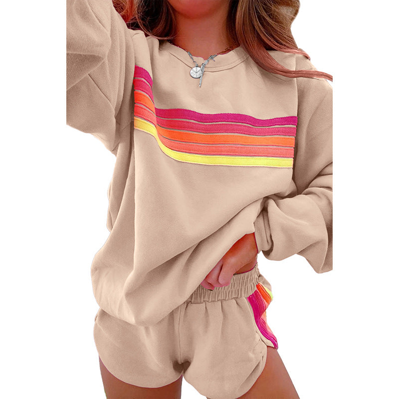 Beige sweatsuit set featuring retro-style stripes, ideal for Langry fashion ملابس